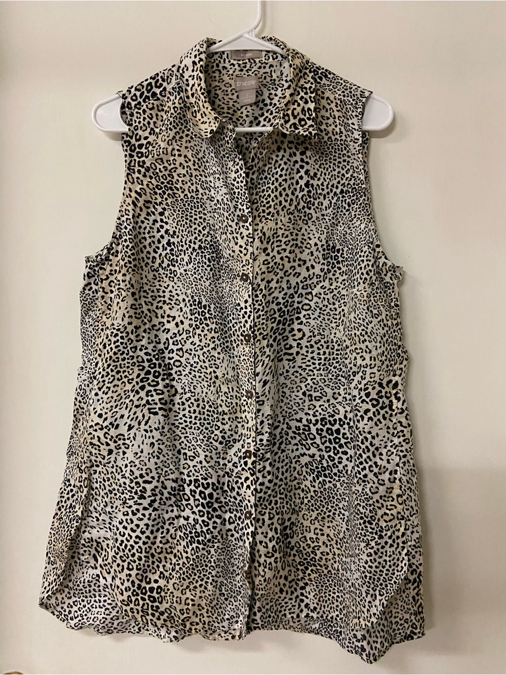 Chicos Shirt Womens 2 (L) Beige Leopard 100% Linen Sleeveless Tunic Top No Iron
